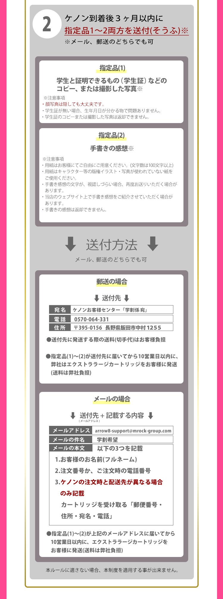 ケノン学割で送る書類と送付先を説明した公式サイトの案内画像
