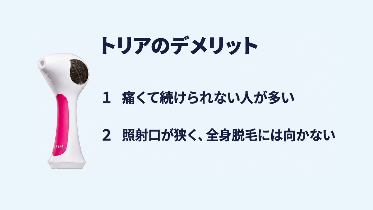 トリアの注意点：痛くて続けられない人がいる、照射口が狭く全身には向かない