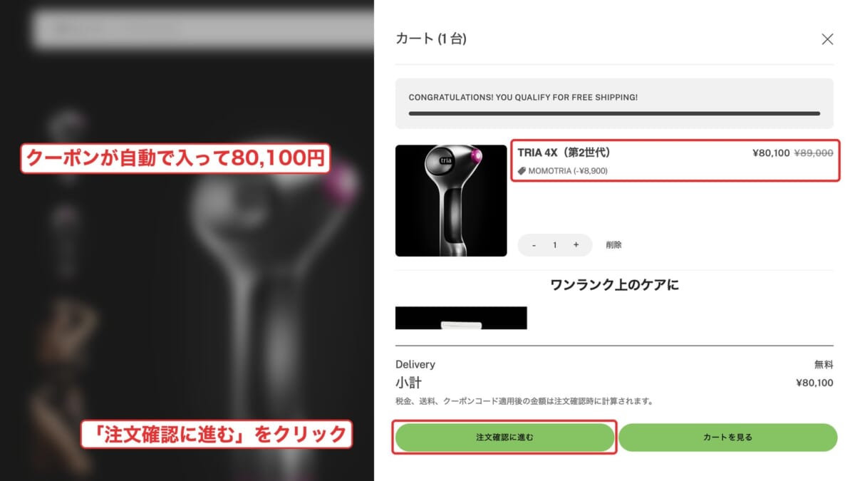 カートにMOMOTRIAが自動で入り80,100円になった画面（パソコン）